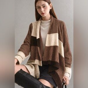 Brown Cream Colorblock Oversized Cardigan Sweater Shaw Oversized S